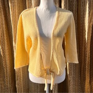 Vintage 90’s Christopher & banks yellow crochet 3/4 sleeve tie front cardigan